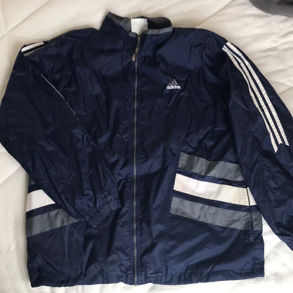 VINTAGE adidas windbreaker large grey navy stripes